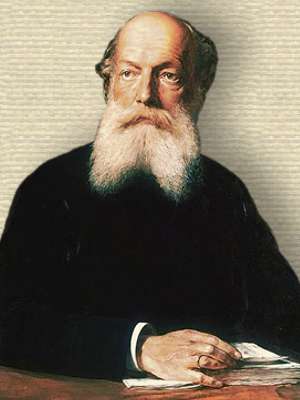 Portrait of August Kekulé (1890), upper body facing forward, hand on pages of a book on table, seated behind table