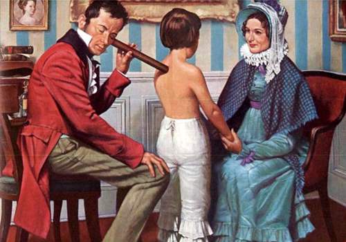 Picture of Rene Laennec, seated, using his cylindrical stethoscope on back of young girl standing in front with seated mother