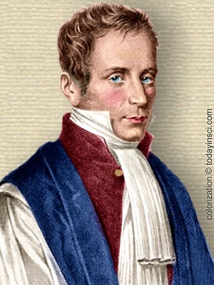 Engraving of René Laënnec, head and shoulders, facing forward. Colorization © todayinsci.com