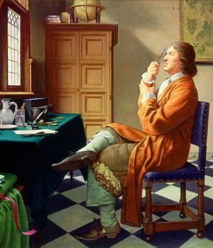 Painting of Antonie van Leeuwenhoek, seated in front of a window, holding his microscope up to his eye to view animalcules.