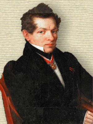 Portrait of Nikolay Ivanovich Lobachevsky, upper body, seated, facing slightly right, looking front