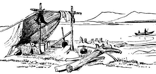 Sketch of open front tarp tent facing pot hanging on a stick over a fire. Canoe on lake in background, distant mountains.