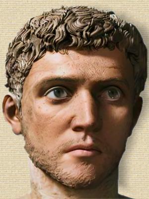 Face of Titus Lucretius face forward, imagined by AI from sculpture to appear photorealistic, colorized with help of palette.fm