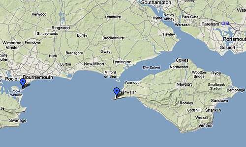 Marconi's stations located on a map of Isle of White and Bournemouth