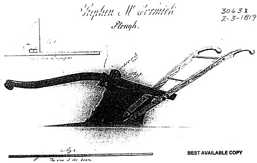 Image of Stephen McCormick's first patented plow, from surviving copy of U.S. Patent No. X3063