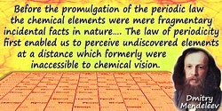 Dmitry Ivanovich Mendeleev quote: Before the promulgation of the periodic law the chemical elements were mere fragmentary incide