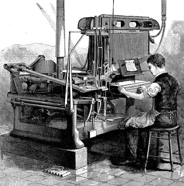 Plate engraving of Linotype machine, with operator on stool sitting in front of keyboard, b/w