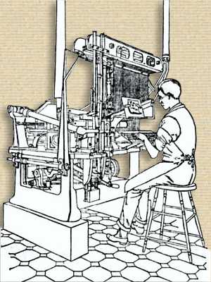 Line drawing of a composing machine in use as of 1889, operator on stool at keyboard at front of machine, b/w