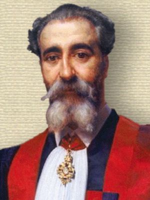 Cropped potrait of Henri Moissan in gown, head and shoulders facing forward