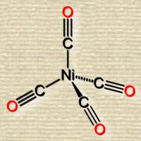 Molecular diagram a central nickel atom has 4 tetrahedrally spaced bonds, each to a carbon triple bonded to an oxygen atom