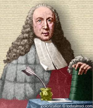 Engraving of Giovanni Battista Morgani upper body facing front, behind table, hand on book. Colorization © todayinsci.com