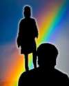 Silhouette against rainbow background of Newton standing on shoulder of Archimedes