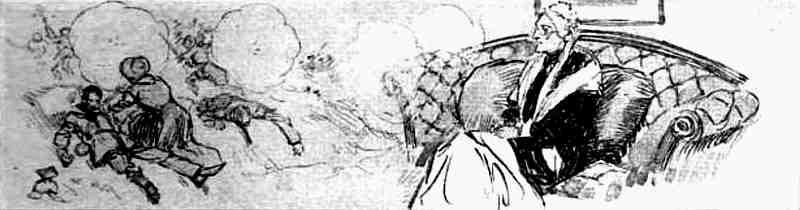 Drawing of aged Nightingale seated on couch and cushions (R) & a battle scene showing fallen wounded soldier being nursed (L)
