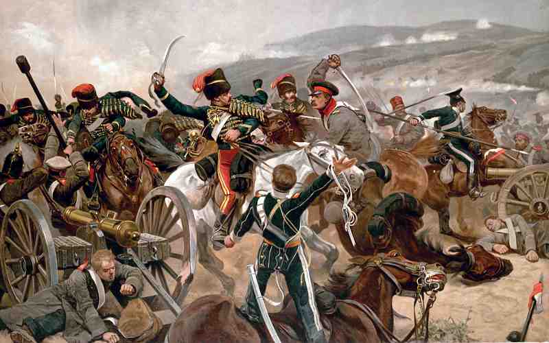 Battle scene showing Russian cannon and cavalry engaging with sabres and lances. Casualties lay on the ground.