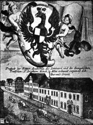 Drawing. A large crest held by two cherubs above two quite long 2 to 3 story university buildings both facing on the same road.