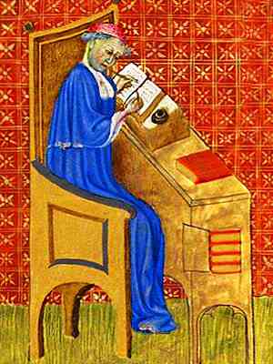 Illumination of Oresme in his cathedra, a book open on a sloped writing stand on desk alongside. He is writing with a reed.