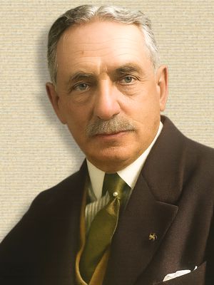 Photo of Henry fairfield Osborn, upper body facing front. Original b/w colorized with sora A.I. (251106)