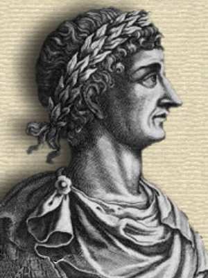 Detail from engraving showing head and shoulders of a representation of Ovid, facing right, with decorative frame.