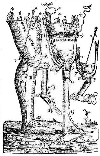 Engraving of a prosthetic human shaped leg, foot, articulated knee with buckled leather straps to hold stump in leather cup