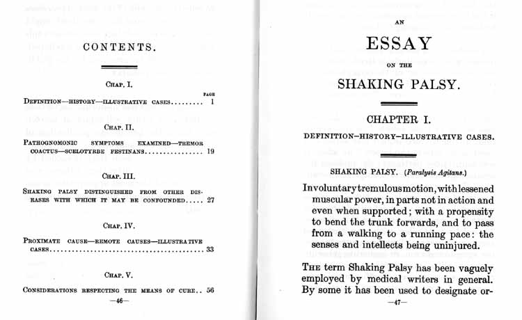 Contents page and first page of Essay on the Shaking Palsy, by James Parkinson, 1817