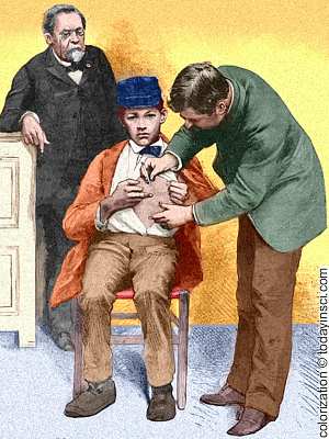 Drawing of child in chair being inoculated in the chest by doctor while Pasteur looks on.  Colorization © todayinsci.com