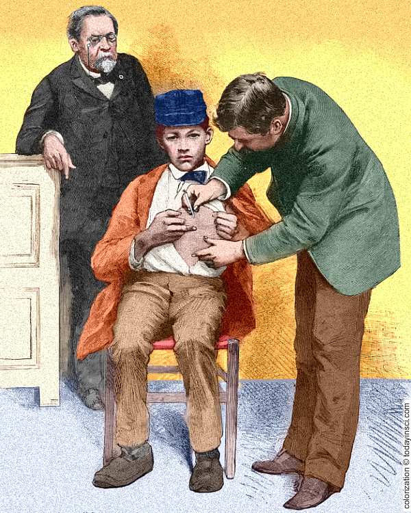 Drawing of child in chair being inoculated in the chest by doctor while Pasteur looks on.  Colorization © todayinsci.com