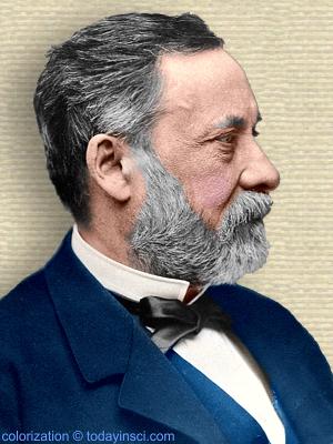 Photo of Louis Pasteur, head and shoulders, facing right. Colorization © todayinsci.com