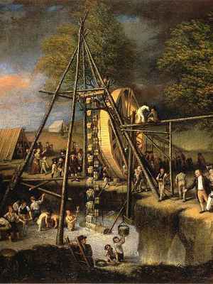 Painting of site, recovering mastodon bones from large excavation, with large bucket wheel rig for lifting out water