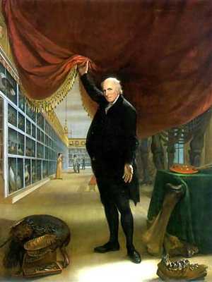 Portrait of Charles Willson Peale, full body, face front holding up curtain to reveal a view inside museum, art & mastodon bones