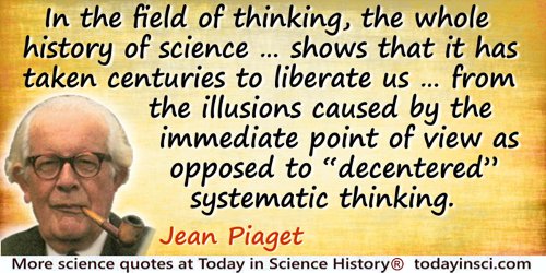 Jean Piaget quote: In the field of thinking, the whole history of science from geocentrism to the Copernican revolution