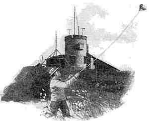 Sketch showing Greenleaf Picard kite flying in field in foreground, with stone tower with radio masts on hill in background