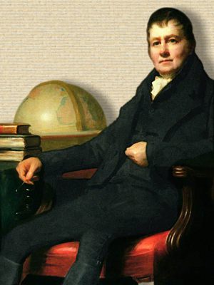 Portrait John Playfair, seated beside large Earth globe, upper body, facing forward