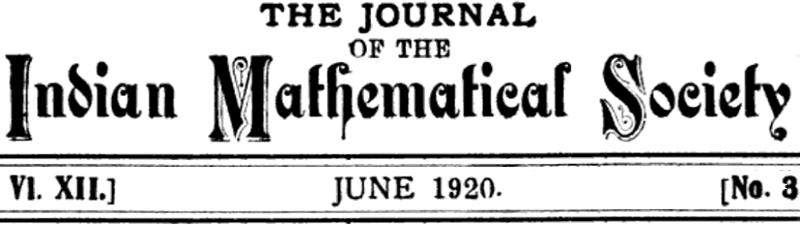 Masthead, Journal of the Indian Mathematical Society for Jun 1920, b/w typography