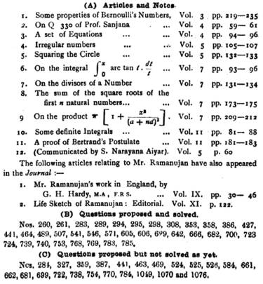 Article list with 12 titles by Ramanujan and 2 titles about him, plus list of many Questions proposed solved or unsolved