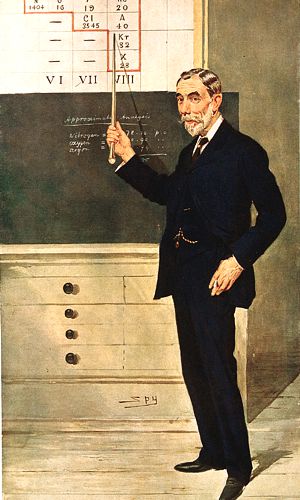 Drawing of Sir William Ramsay lecturing showing chart of periodic table and chalk board