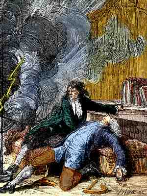 Engraving, an artist’s concept of the death of George Richman fallen backward against bench by lightning bolt with smoke cloud