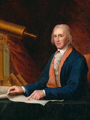 Portrait of David Rittenhouse seated behind table, hands on papers, head and shoulders, facing forward. Telescope in background