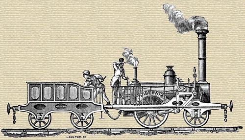 Engraving of steam locomotive on rails, smoke and steam, train driver in top hat, stoker shovelling from coupled coal wagon