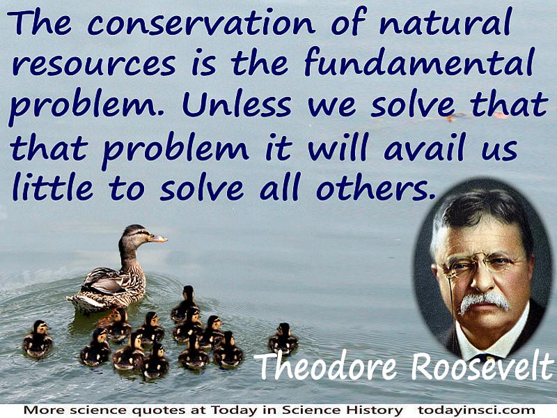 Theodore Roosevelt quote “The conservation of natural resources is the fundamental problem” + ducks on water background