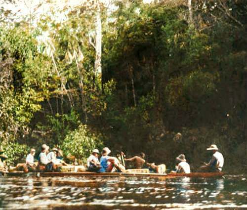 Photo of Theodore Roosevelt's expedition in canoes on a river in South America