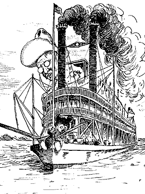 President Theodore Roosevelt is shown as the pilot on a riverboat in a political cartoon. A teddy bear sits on the prow.