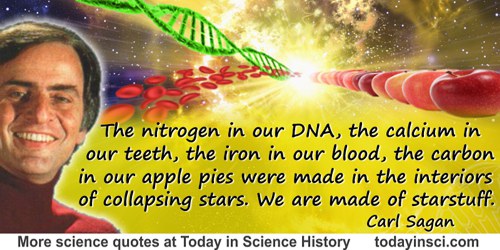 Carl Sagan quote: The nitrogen in our DNA, the calcium in our teeth, the iron in our blood, the carbon in our apple pies were ma