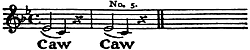 Bird call on a music staff: “Caw” on two notes dropping two tones, then that repeated