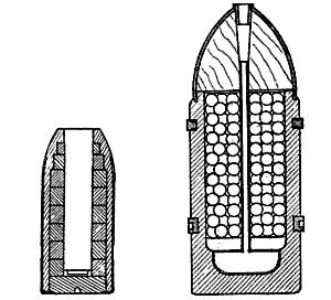 Cross-sectional diagrams of Boxer's R.M.L. shrapnel and Armstrong's R.B.L. segment shell