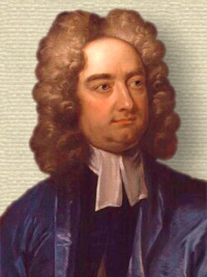 Detail of head and shoulders facing right from oil portrait of Jonathan Swift (1710) by Charles Jervas