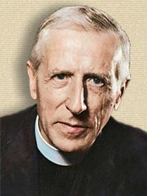 Photo Pierre Teilhard De Chardin, head and shoulders, facing forward, b/w colorized with help from palette.fm