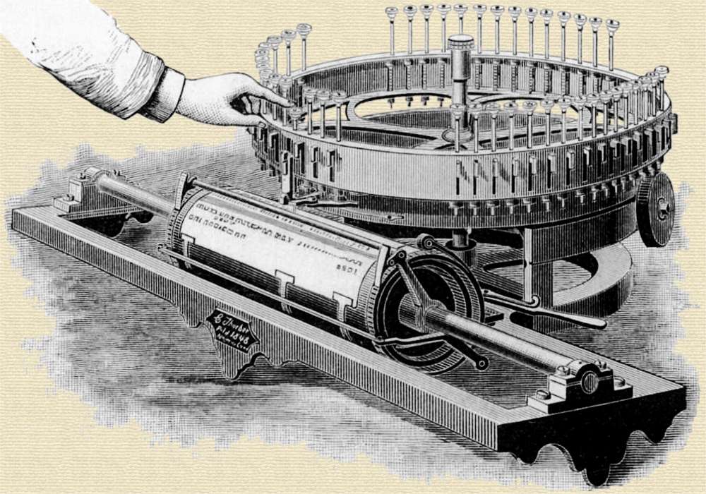 Engraving from a magazine article showing the “Machine For Printing” invented by Charles Thurber