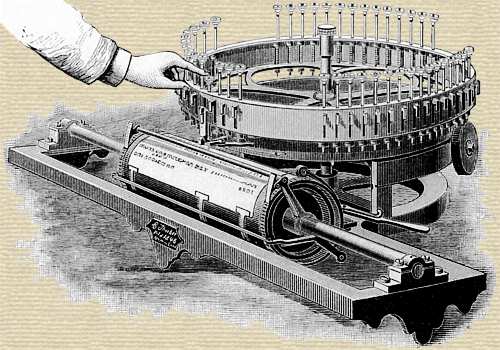 Engraving from a magazine article showing the “Machine For Printing” invented by Charles Thurber