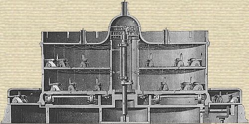 Engraving, vertical cross section, rotating fortress on wheeled turntable, with three floors, cannon at portholes, top lookout