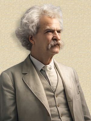 Photo of Mark Twain (Samuel Clemens) head&shoulders facing right. Original b/w colorized with sora A.I. (260103)